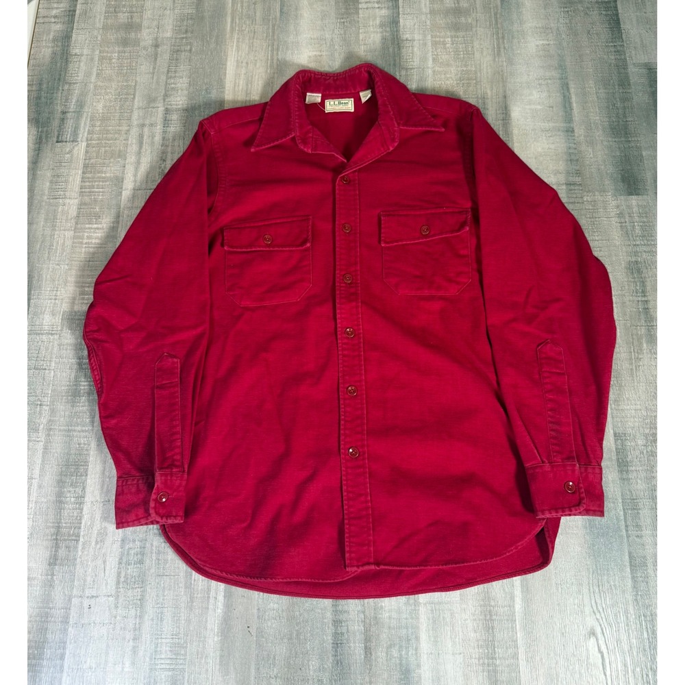 Vintage LL Bean Chamois Cloth Shirt Mens 15.5 Red Button Up USA 80s Medium #1611